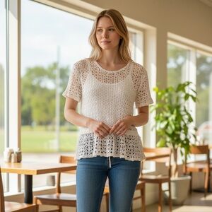 Live Wire Crochet Mesh Top Cream Boho Short Sleeve Tie Waist 90s